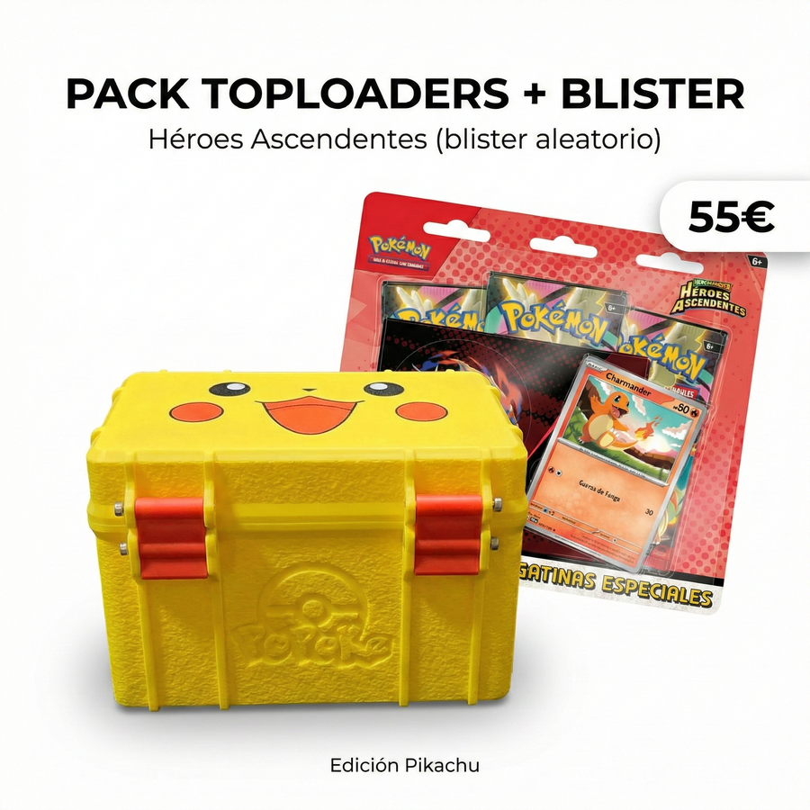 Pack Pikachu — Caja Toploaders + Blister Héroes Ascendentes