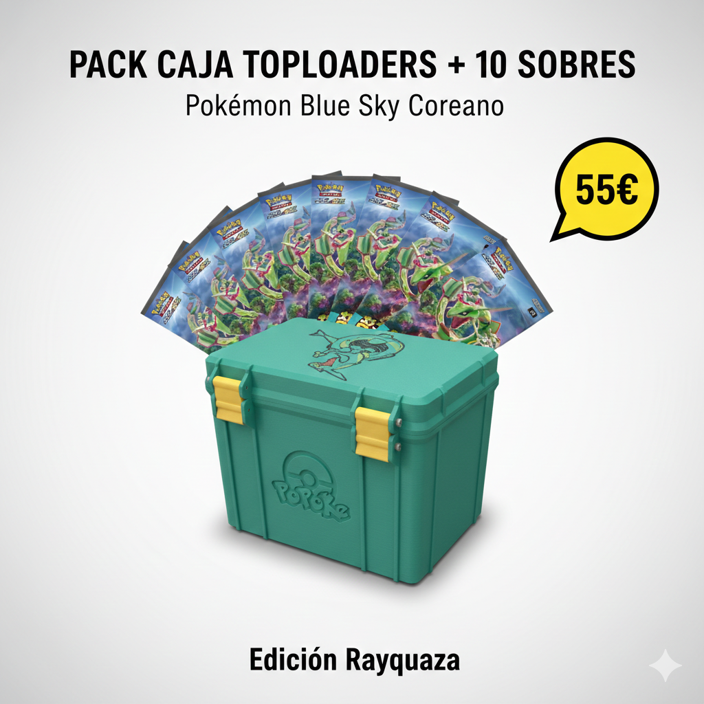 ⚡️🐉 Pack Rayquaza — Caja Toploaders + 10 Sobres Blue Sky